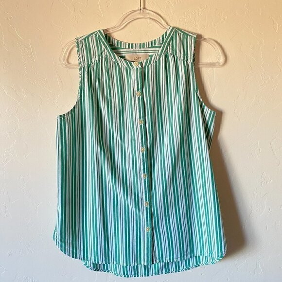 LOFT Green Striped Sleeveless Button Front Shirt - Picture 3 of 8